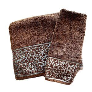 Waverly Home Bath Hand Towels Cotton Embroidered Scroll Brown Blue India Set Lot